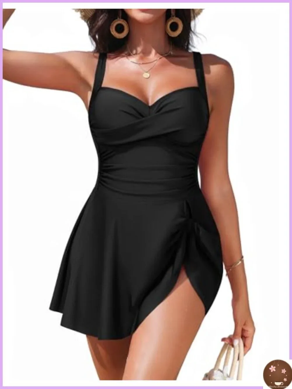 Women One Piece Swim Dress Tummy Control Swimsuit with Skirt Adjustable Straps